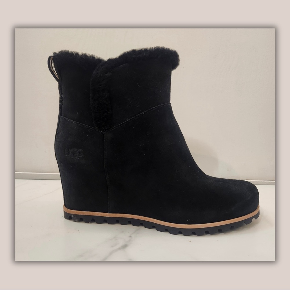 UGG Black Suede Wedge Ankle Boot with Shearling Collar